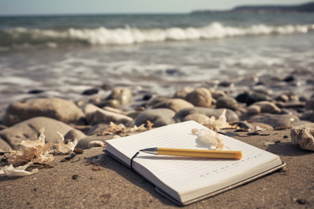 Pencil and notebook on the beach with seashells in the backgroundの素材