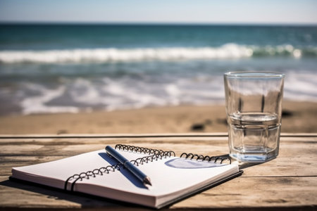 Notebook with pen and glass of water on wooden table near seaの素材