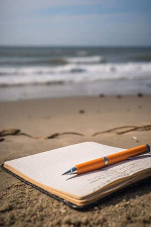 Pen and notepad on the beach with the sea in the backgroundの素材