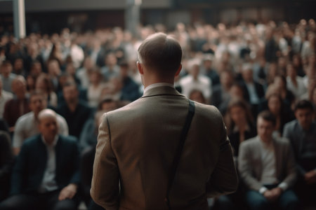Rear view of unrecognizable businessman looking at the audience in conference hallの素材