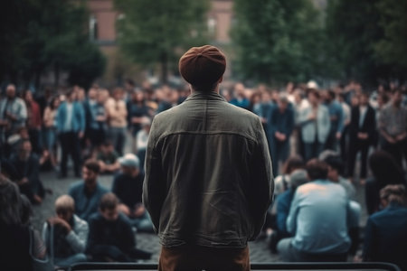 Rear view of a young man standing in front of a crowdの素材