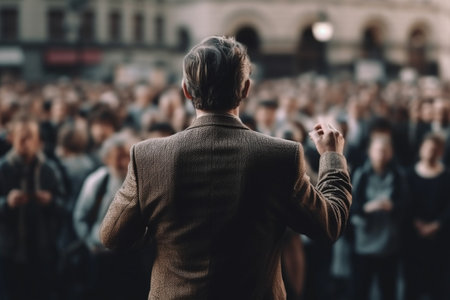 Rear view of a man in a business suit standing in front of a crowd of peopleの素材