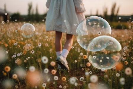 Little girl playing with soap bubbles in the meadow at sunset.の素材