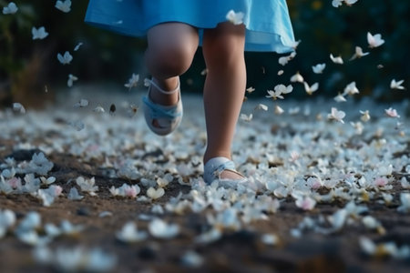 Little girl in a blue dress runs among the cherry blossom petals.の素材