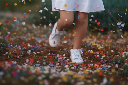 Little girl in a white dress runs through the confetti in the park.の素材