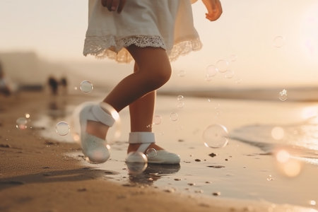 cropped view of little girl in white dress and sneakers playing with soap bubbles on beachの素材