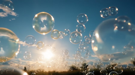 Soap bubbles fly in the blue sky with sun. 3d renderingの素材