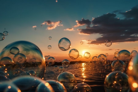 Soap bubbles on the background of a beautiful sunset in the sea.の素材