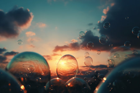 Soap bubbles fly in the sky at sunset. 3d renderingの素材