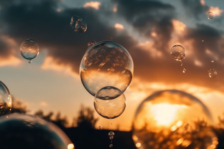 Soap bubbles on sunset sky background. Soap bubbles on sunset background.の素材