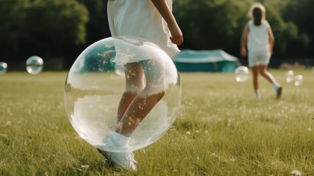 Young woman playing with soap bubbles in the park. Selective focus.の素材
