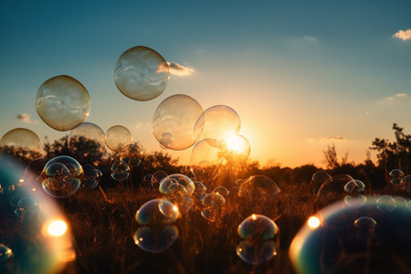 Beautiful soap bubbles in the field at sunset. Nature background.の素材