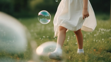 Little girl playing with soap bubbles on green grass in summer park.の素材