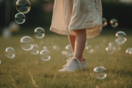 Little girl playing with soap bubbles on the grass in the park.の素材