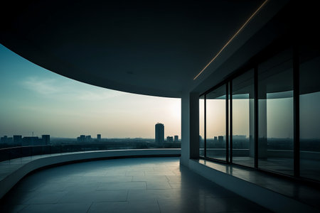 empty room with cityscape and blue sky background,3d renderの素材