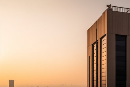 Modern office building exterior with sunset sky background in Shanghai,China.の素材
