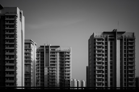 Modern urban architecture. Buildings on a background of blue sky. Black and white.の素材
