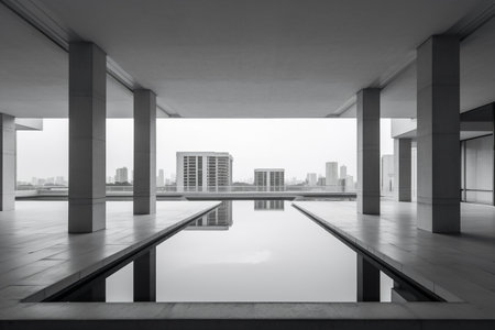 Modern office building with swimming pool and cityscape in black and whiteの素材