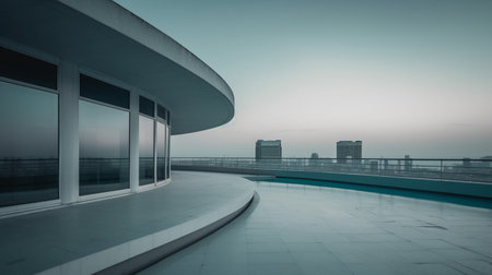 Modern architecture of a building with a panoramic view of the cityの素材