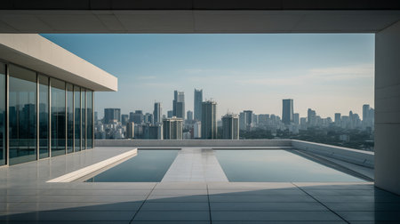 empty swimming pool with modern cityscape and blue sky in the backgroundの素材