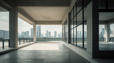 empty concrete floor with cityscape and window in modern office building.の素材