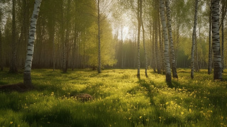 Sunset or sunrise in a birch grove with birches and wildflowers.の素材