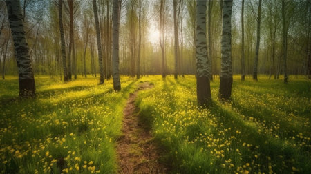 Path through the spring forest with yellow dandelions in the foregroundの素材