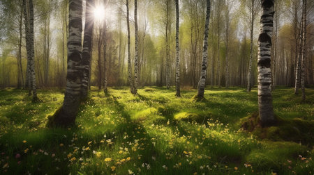 Sunset or sunrise in a birch grove with the first spring flowersの素材