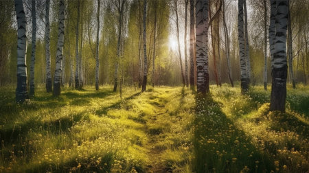 Sunset or sunrise in a birch grove with birches and wildflowers.の素材