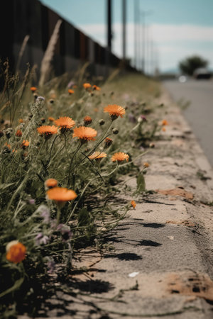 Orange flowers on the roadside in the summer. Selective focus.の素材