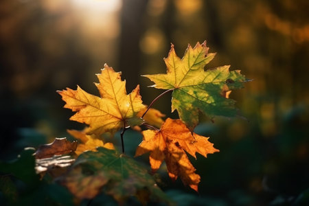 Autumn maple leaves on a blurred background of the sun in the forestの素材