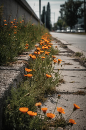Orange flowers grow along the road in the city. Toned.の素材