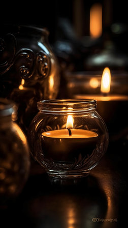 Candle in a glass bowl on a dark background. Selective focus.の素材