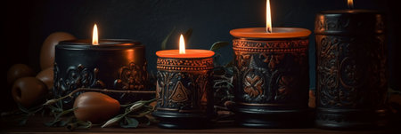 Burning candles in oriental style on a dark background. Selective focus.の素材