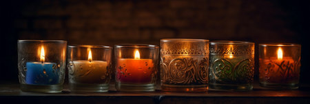 Candles in a glass vase on a wooden shelf against a brick wallの素材