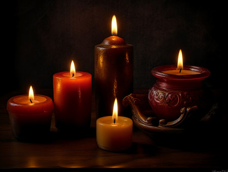 Burning candles on a dark background. Shallow depth of field.の素材