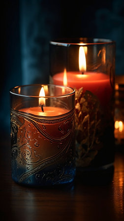Burning candles in glass vase on wooden table, closeupの素材