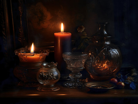 Still life with burning candles in vintage candlesticks on a dark backgroundの素材