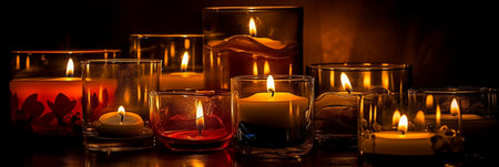 Burning candles in a glass vase on a dark background.の素材