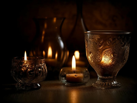 Candlelight in a glass candlestick on a dark backgroundの素材
