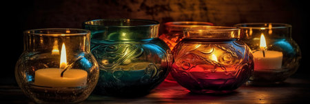 Colorful candles in glass candlesticks on a wooden background.の素材