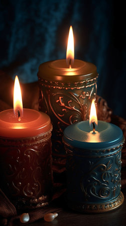 Burning candles on wooden table on dark background, close-upの素材