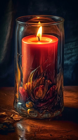 Burning candle in a glass candlestick on a dark backgroundの素材