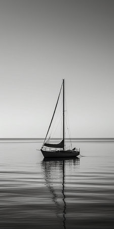 Sailboat in the sea. Black and white image of a sailboat.の素材