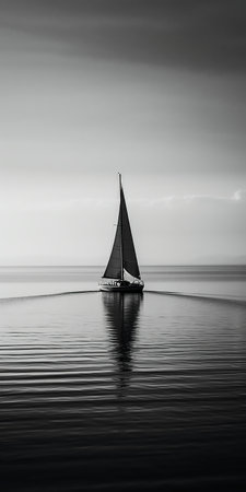 Sailboat in the sea. Black and white image of a sailboat.の素材