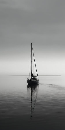 Sailboat in the fog on the lake. Black and white photo.の素材