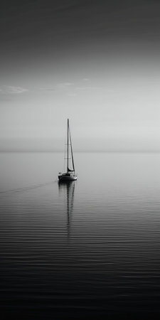 Sailing boat in the sea. Black and white image of a sailboat in the sea.の素材