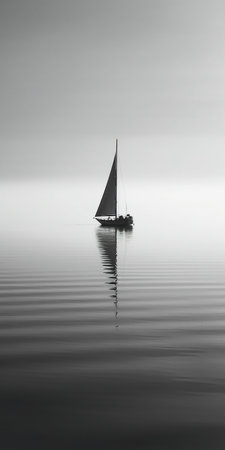 Sailing boat in a foggy lake. Black and white.の素材