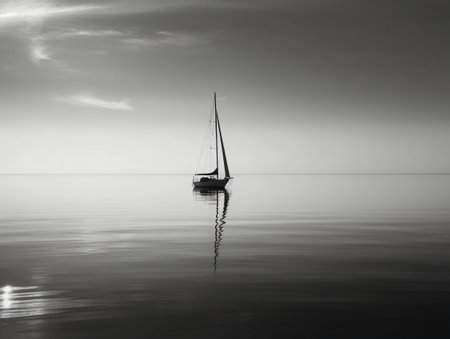 Sailing boat in the sea at sunset. Black and white.の素材