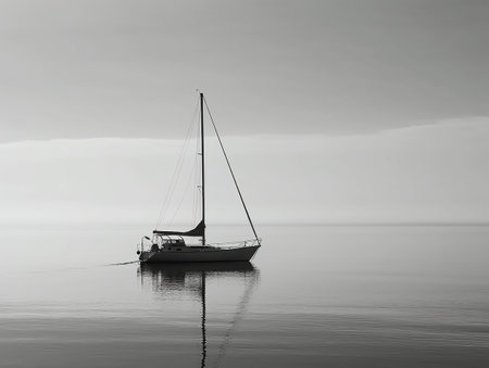 Sailing boat in the sea. Black and white photo with copy space.の素材